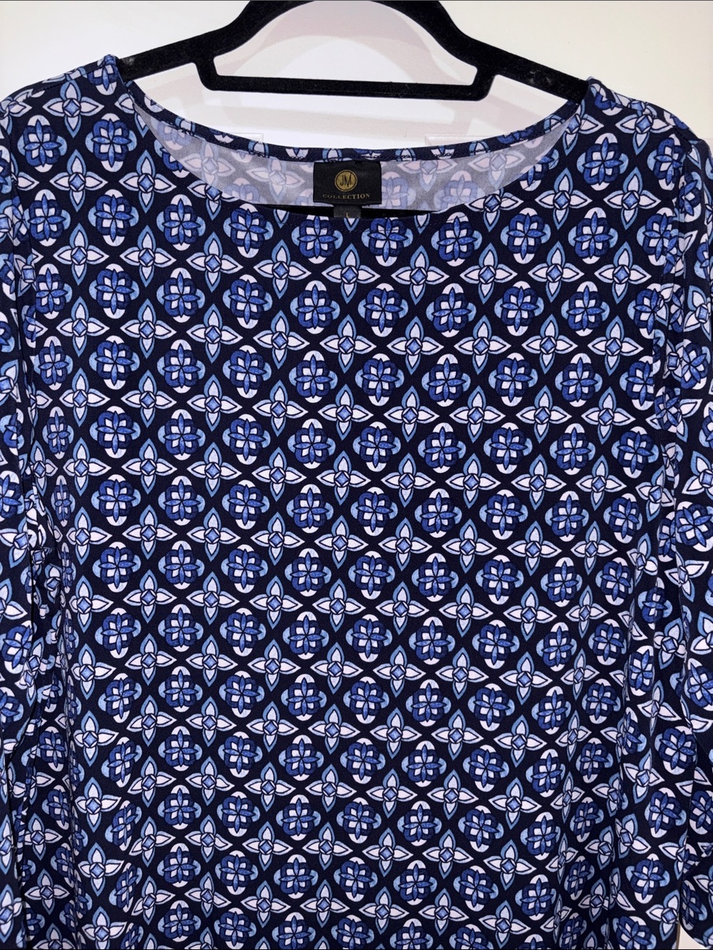 🏡 JM Collection Geometric Pattern 3/4 Sleeve Blouse - Blue & White - Size L - Picture 5 of 10